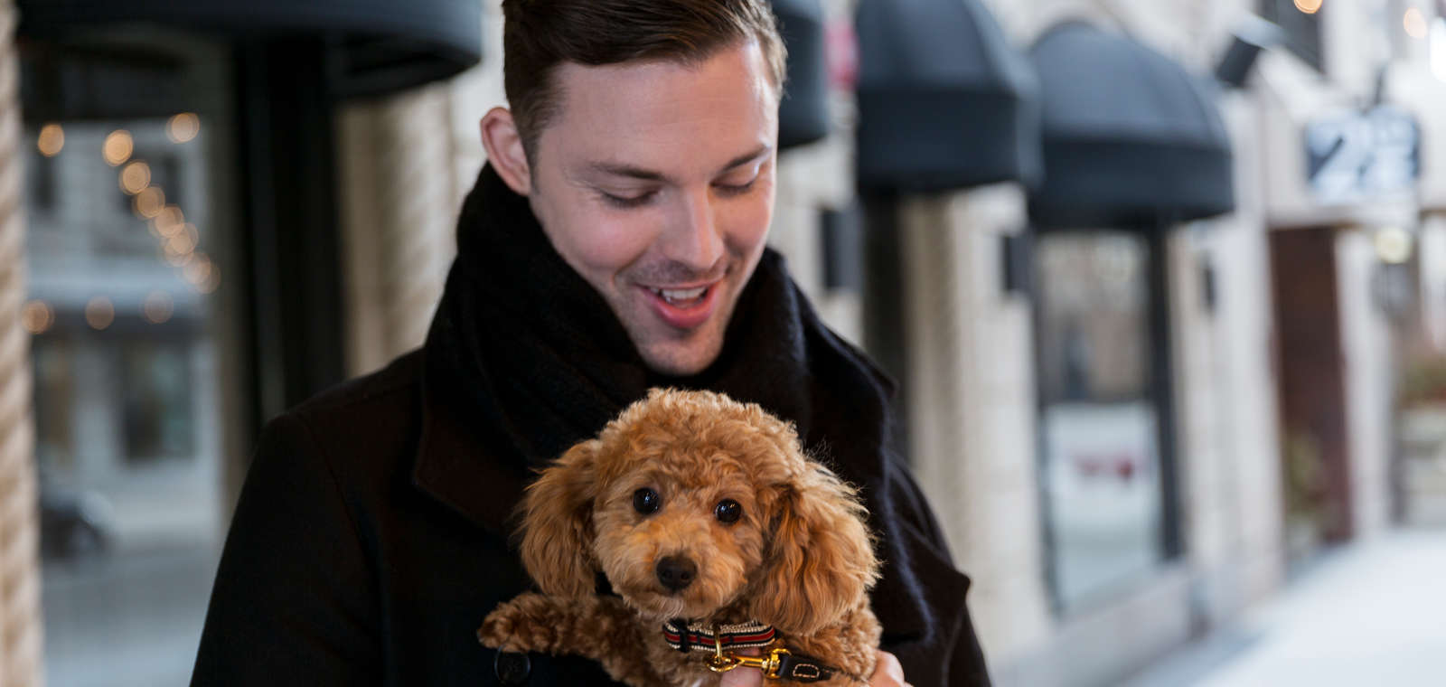 Hotel guest in downtown Chicago holding small dog