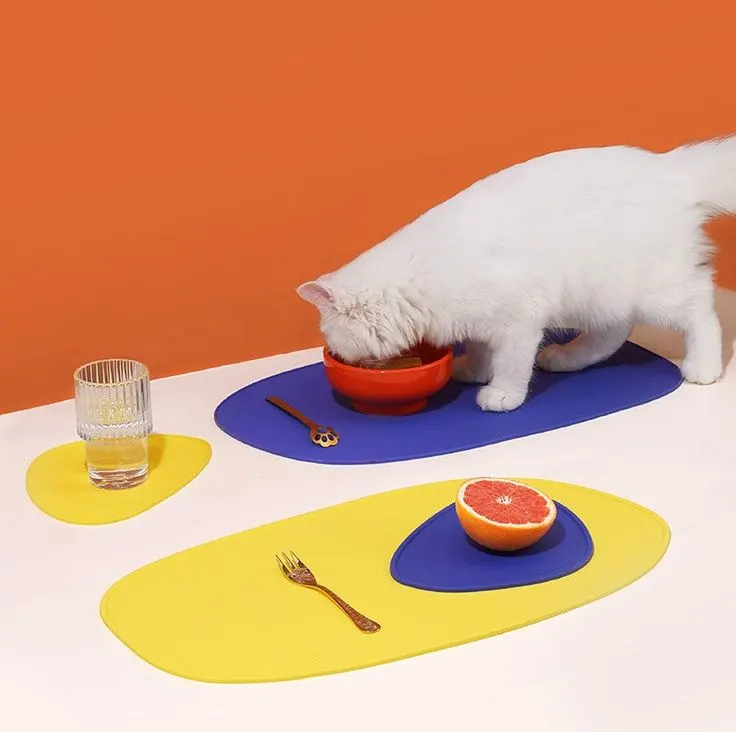 Colorful pet bowl with cat eating out of one