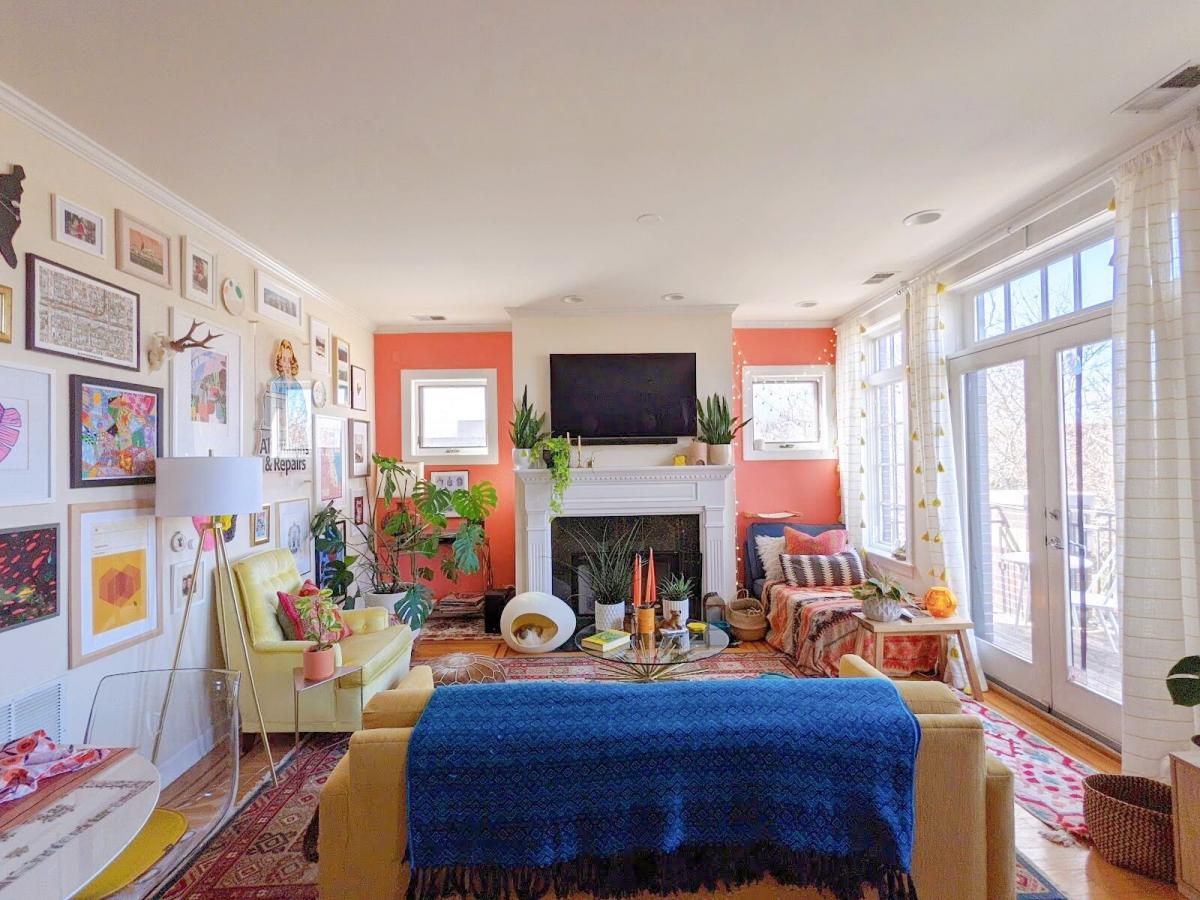 Quirky and colorfully decorated living room and fireplace