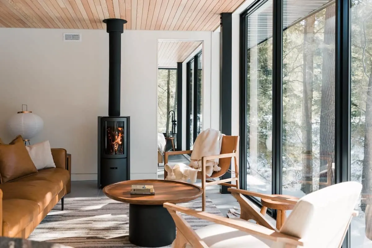 Nordic-inspired airbnb living room with fire