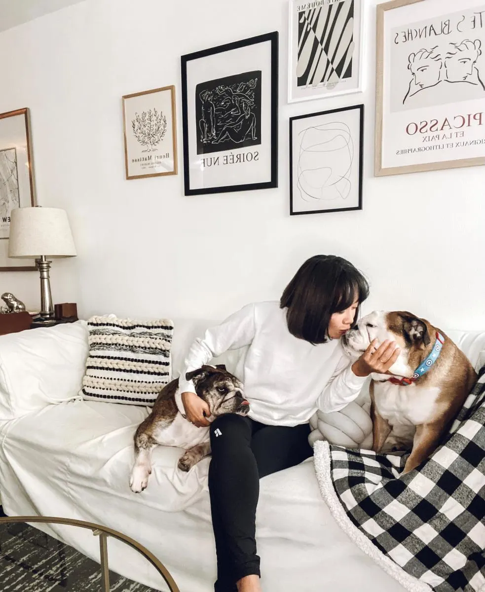 girl sitting with bulldogs giving them a kiss on couch