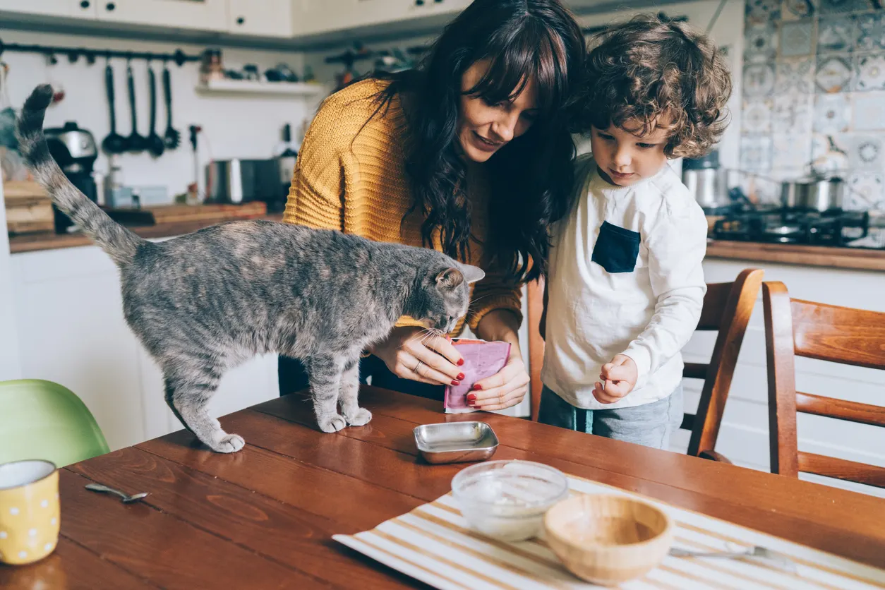 woman and child feeding cat