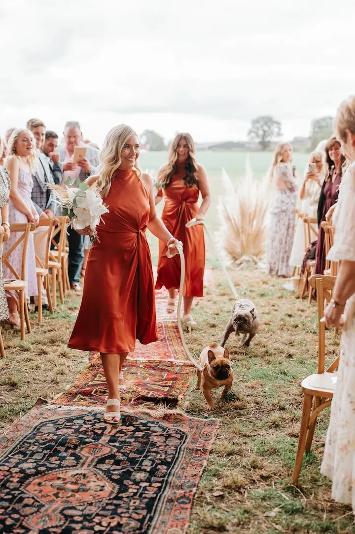 Two small dogs and bridesmaids walking down the aisle