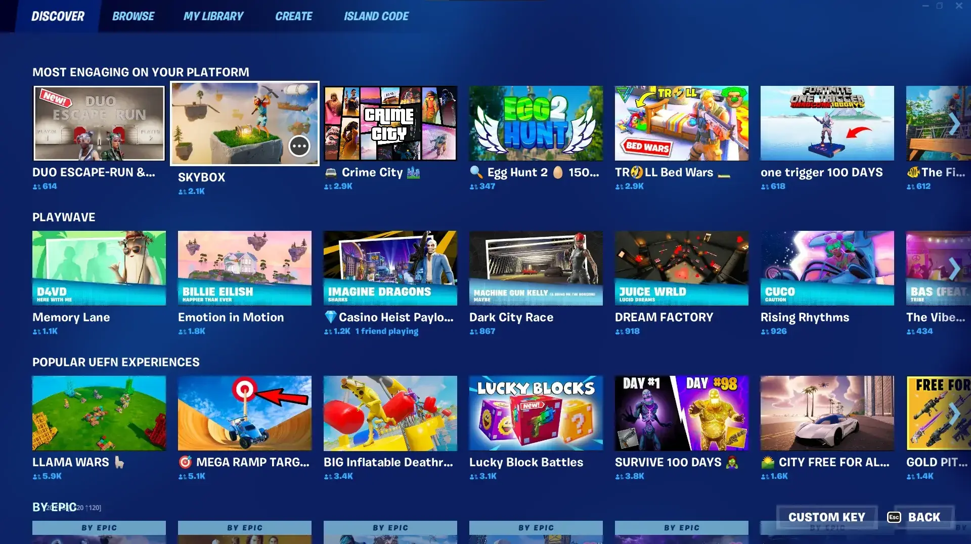 The Fortnite Discover tab filled with games developed by the community