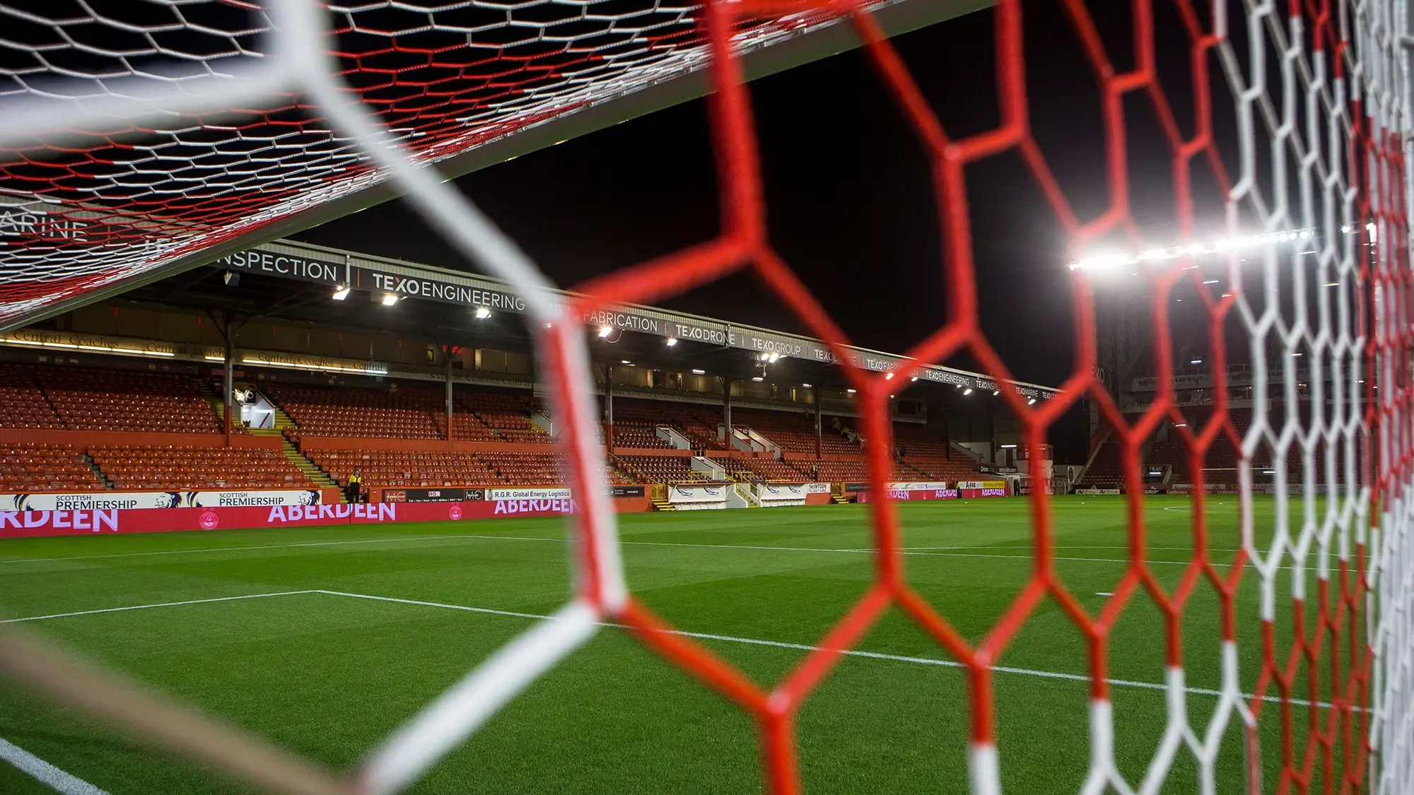 A view from behind the goals at Pittodrie Stadium