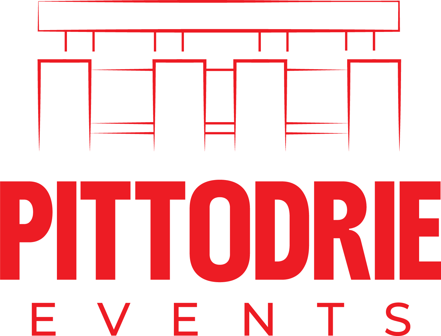 Pittodrie Events wordmark with stadium roofline, red on transparent