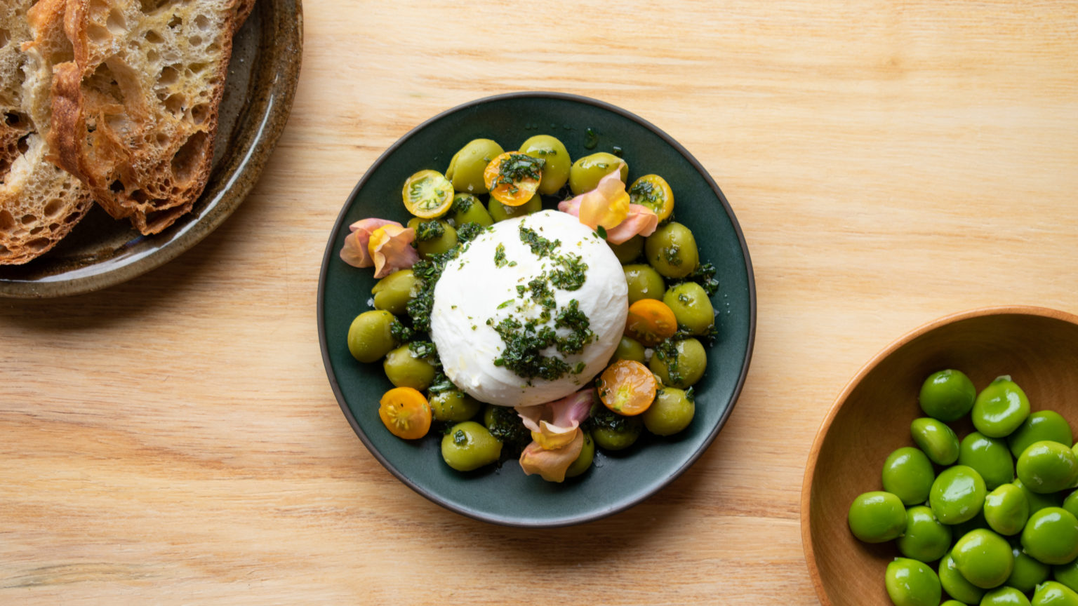 Mastodon Peas with Burrata and Wild Herb Oil - Foraged