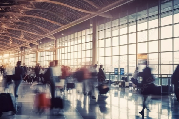 Passengers walking through an airport terminal