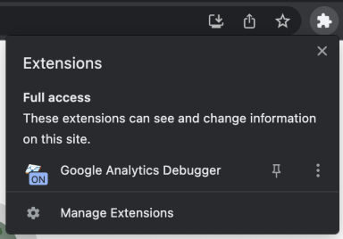 A screenshot of the Extensions dropdown in Google Chrome with the Google Analytics Debugger extension switched on. 