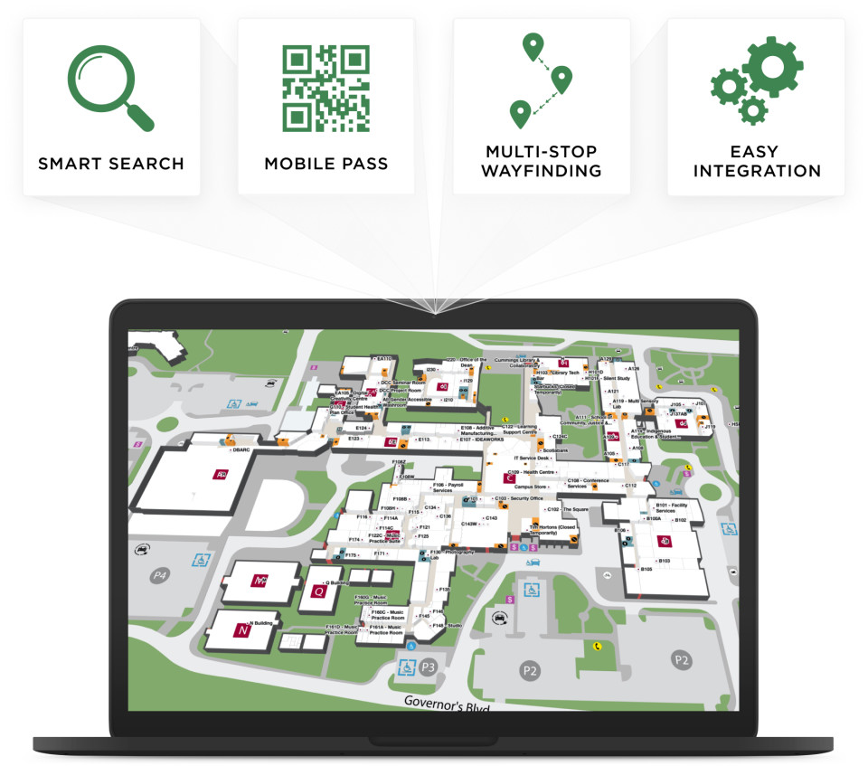 A laptop displaying a campus map with 4 bubbles above it. From left to right they read: 