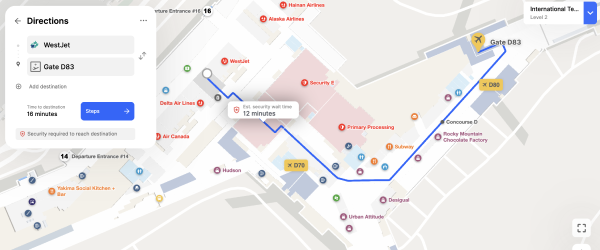 Mappedin Airports wayfinding and navigation on indoor map