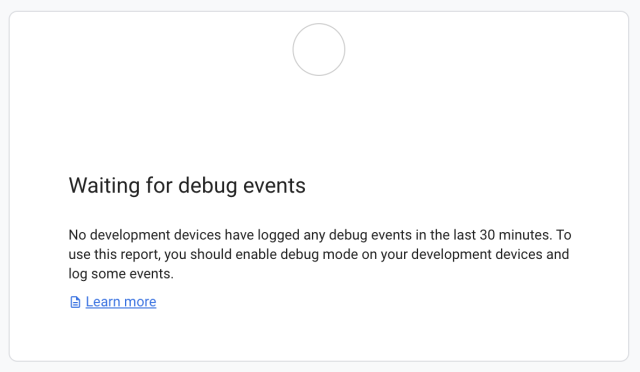 A screenshot of the Firebase DebugView dashboard waiting to receive debug events.