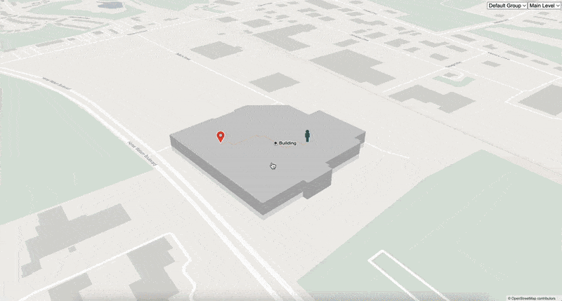 outdoor map zooming into a building and revealing the contents of the building such as different rooms, sitting areas, and a person with a line