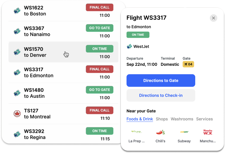 A screenshot showcasing various flight times and what their current status is