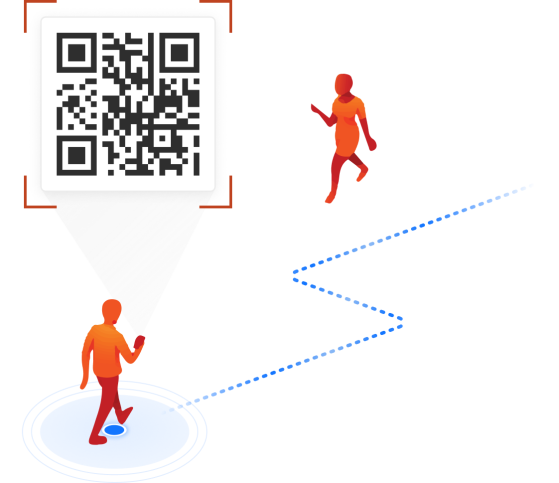 A QR code in the top left corner with an individual under it following blue dot navigation.