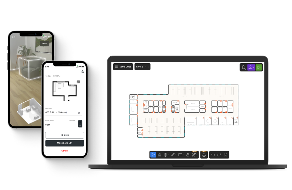 A screenshot of mappedin maker on a laptop and two phones showing different functionality