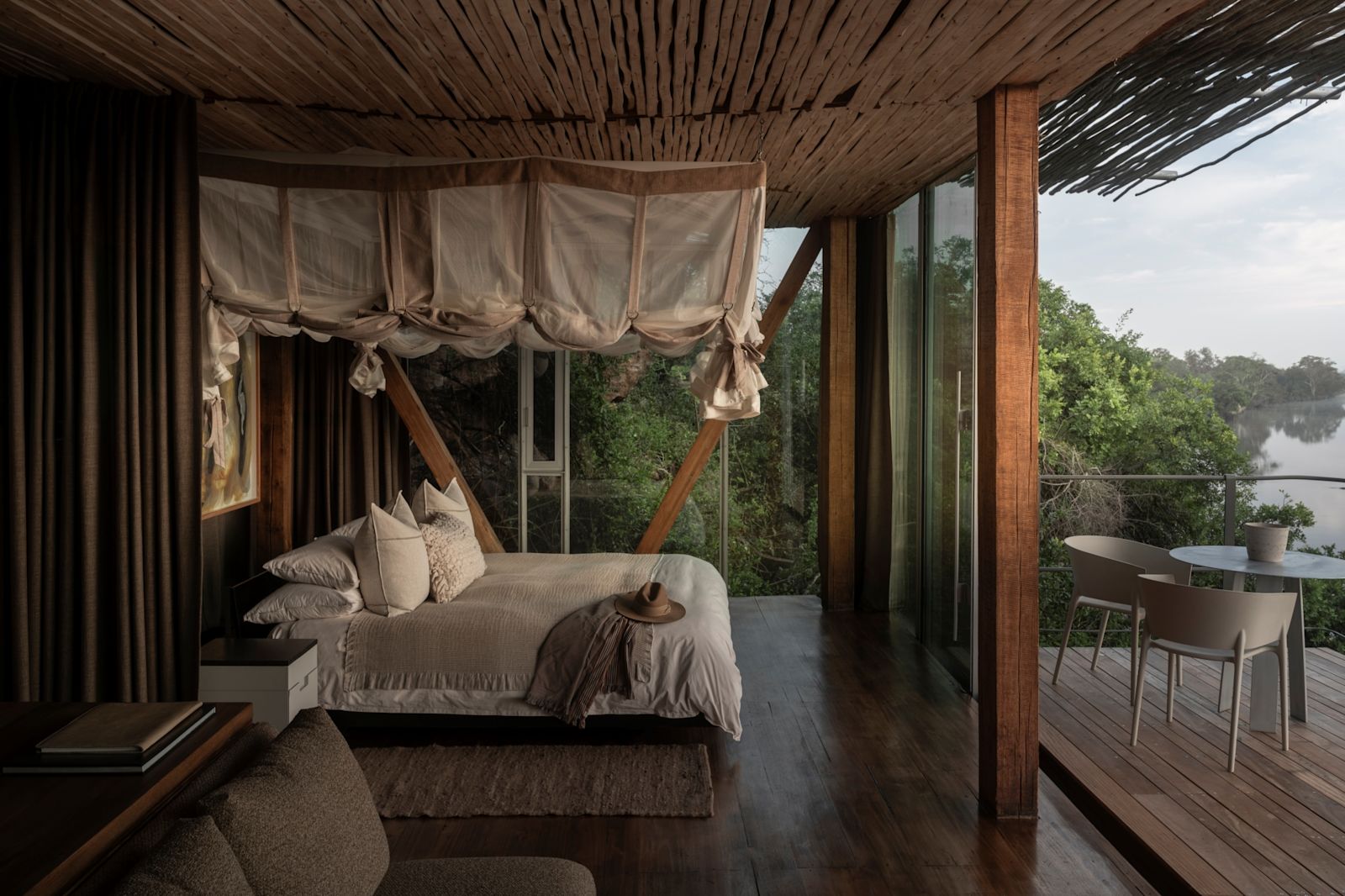 Luxury safari lodge suite overlooking a river gorge in the N'wanetsi concession