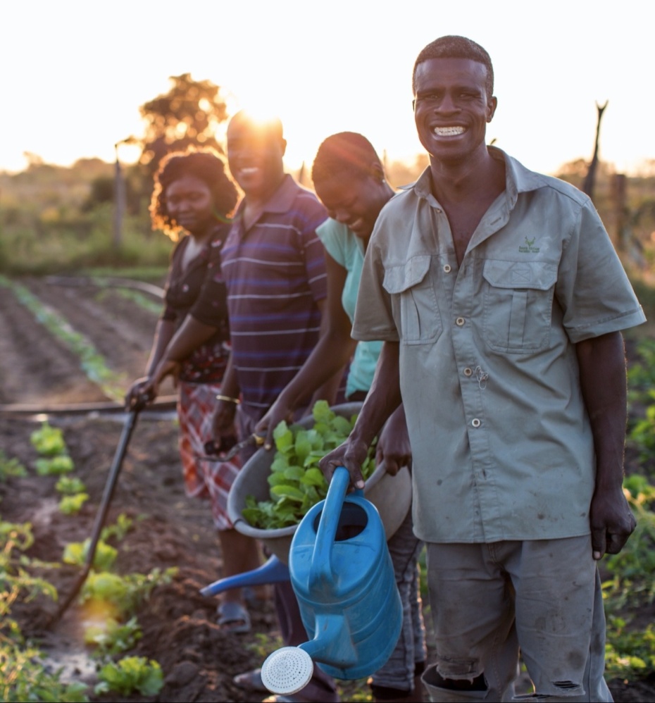 Local villagers planting and watering garden