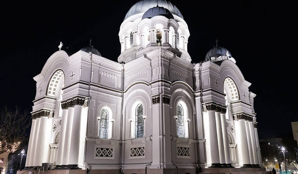 Lighting the historic Church of St. Michael the Archangel, Kaunas