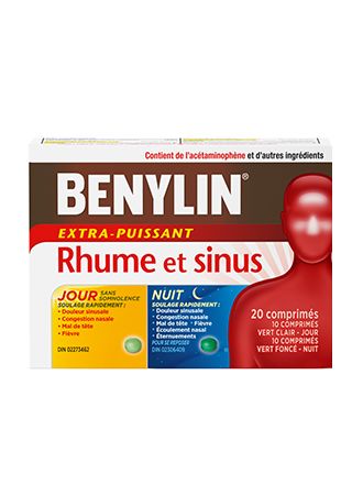 Duo pratique BENYLIN® Rhume et sinus Jour/Nuit, 24 comprimés. Soulage : Douleur sinusale, congestion nasale, mal de tête et écoulement nasal (comprimés Nuit seulement)  