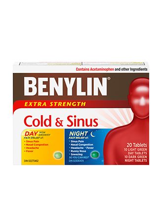 Duo pratique BENYLIN® Rhume et sinus Jour/Nuit, 24 comprimés. Soulage : Douleur sinusale, congestion nasale, mal de tête et écoulement nasal (comprimés Nuit seulement)  