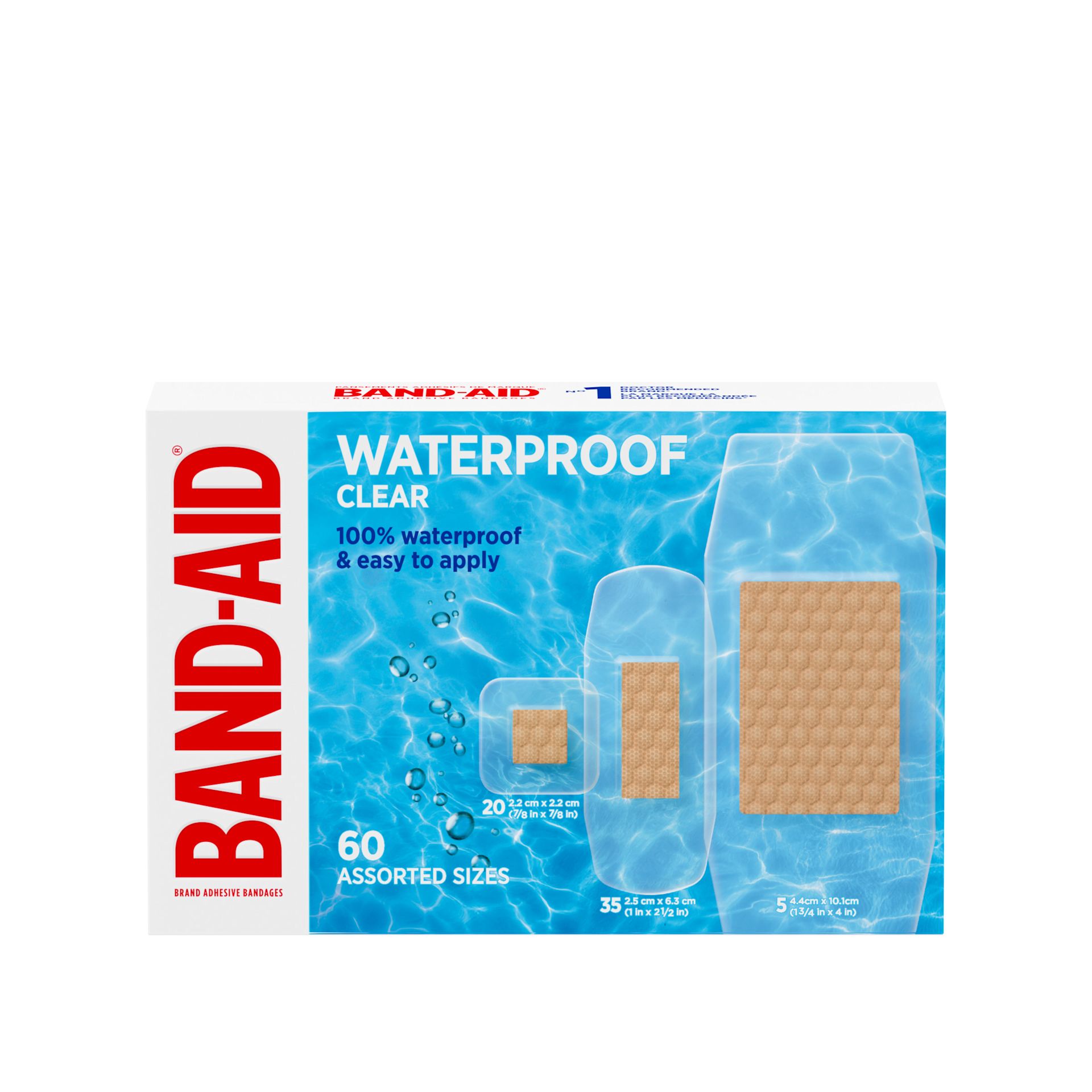 Pansements transparents imperméables de marque BAND-AID®, tailles assorties, 60 unités