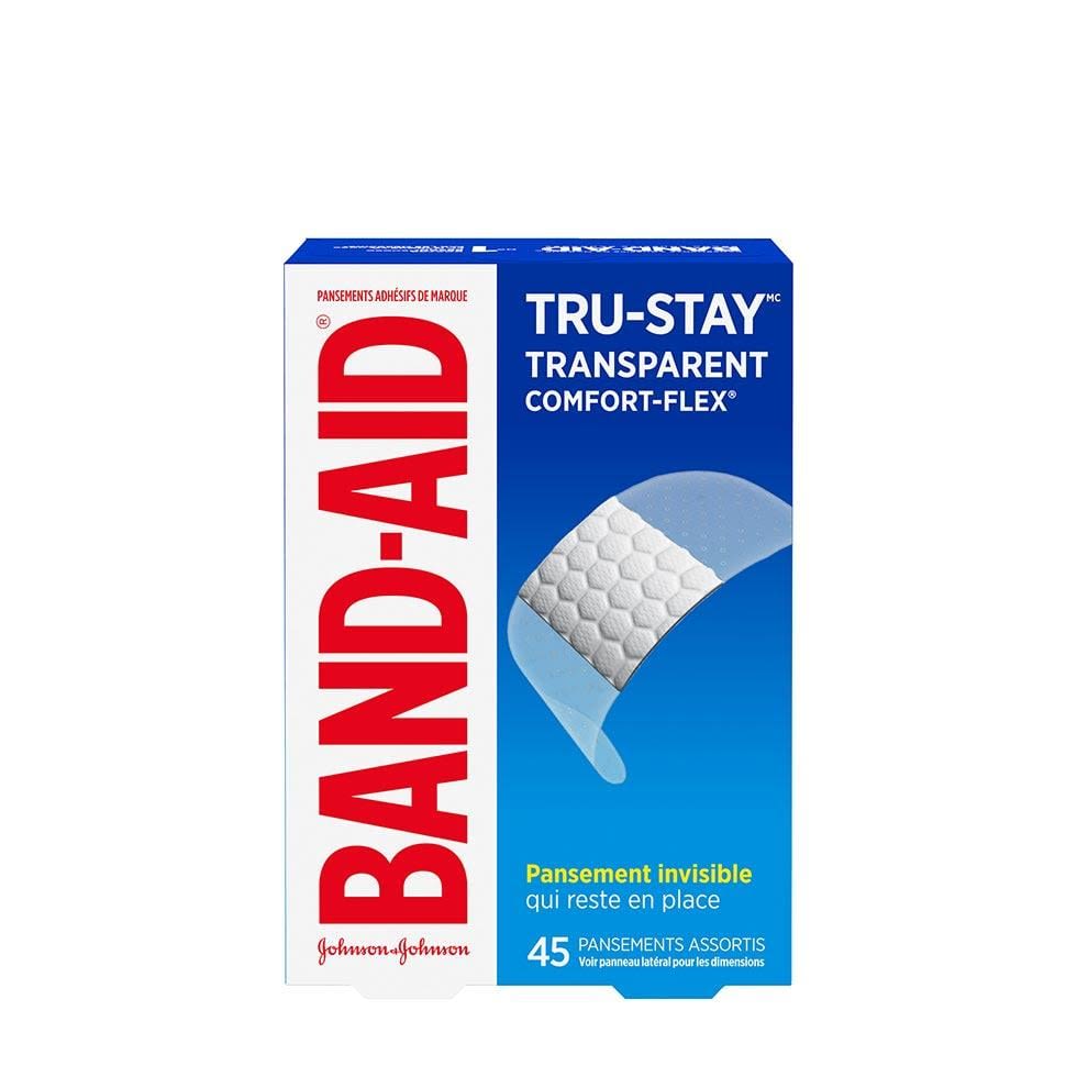 boîte de 45 pansements transparents band-aid tru-stay, assortis