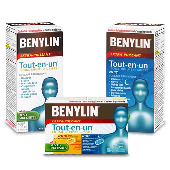Trois sirops BENYLIN® Tout-en-un pour le rhume, la toux et la grippe, en formules pour le jour ou la nuit