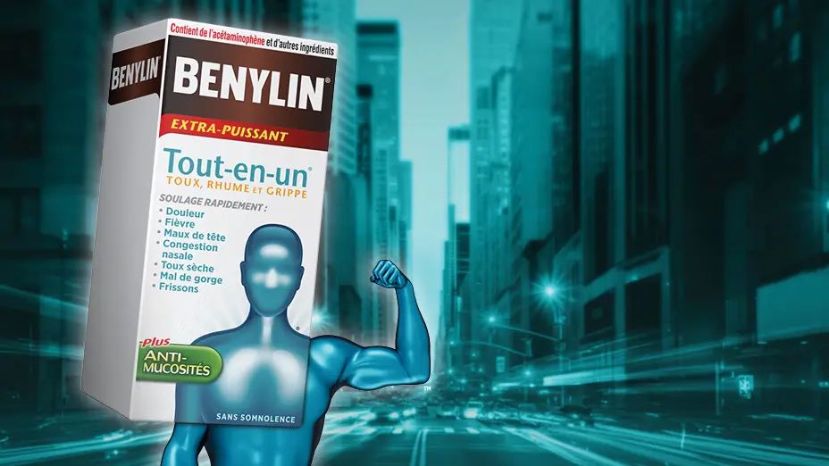 Boîte de BENYLIN® Extra‑Puissant Tout‑en‑un contre la toux, le rhume et la grippe, à côté d’une silhouette humaine bleue levant le bras, sur un fond urbain dynamique.