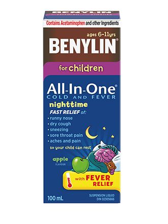  BENYLIN® For Children All‑In‑One® COLD AND FEVER NIGHTTIME Syrup, 100ml. For relief of: Fever, runny nose, dry cough, sneezing, sore throat pain, aches & pains