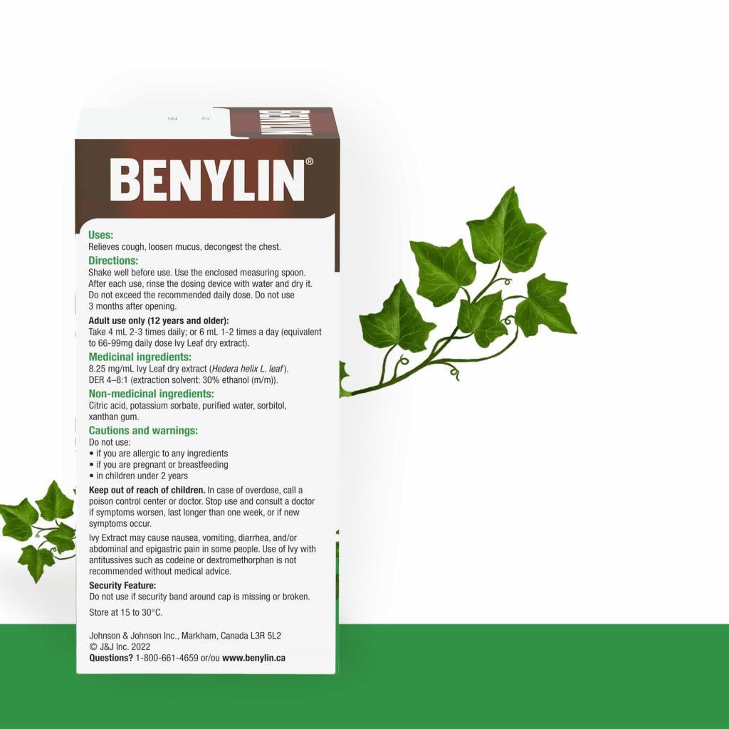 Arrière de l’emballage de 100 ml du sirop antitussif BENYLIN® à base de plantes, Feuille de lierre, où figurent le mode d’emploi et les ingrédients.