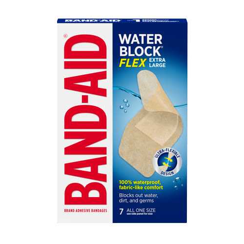 A packet of BAND-AID® WATER BLOCK FLEX™ XL Bandages, All one size, 7 counts