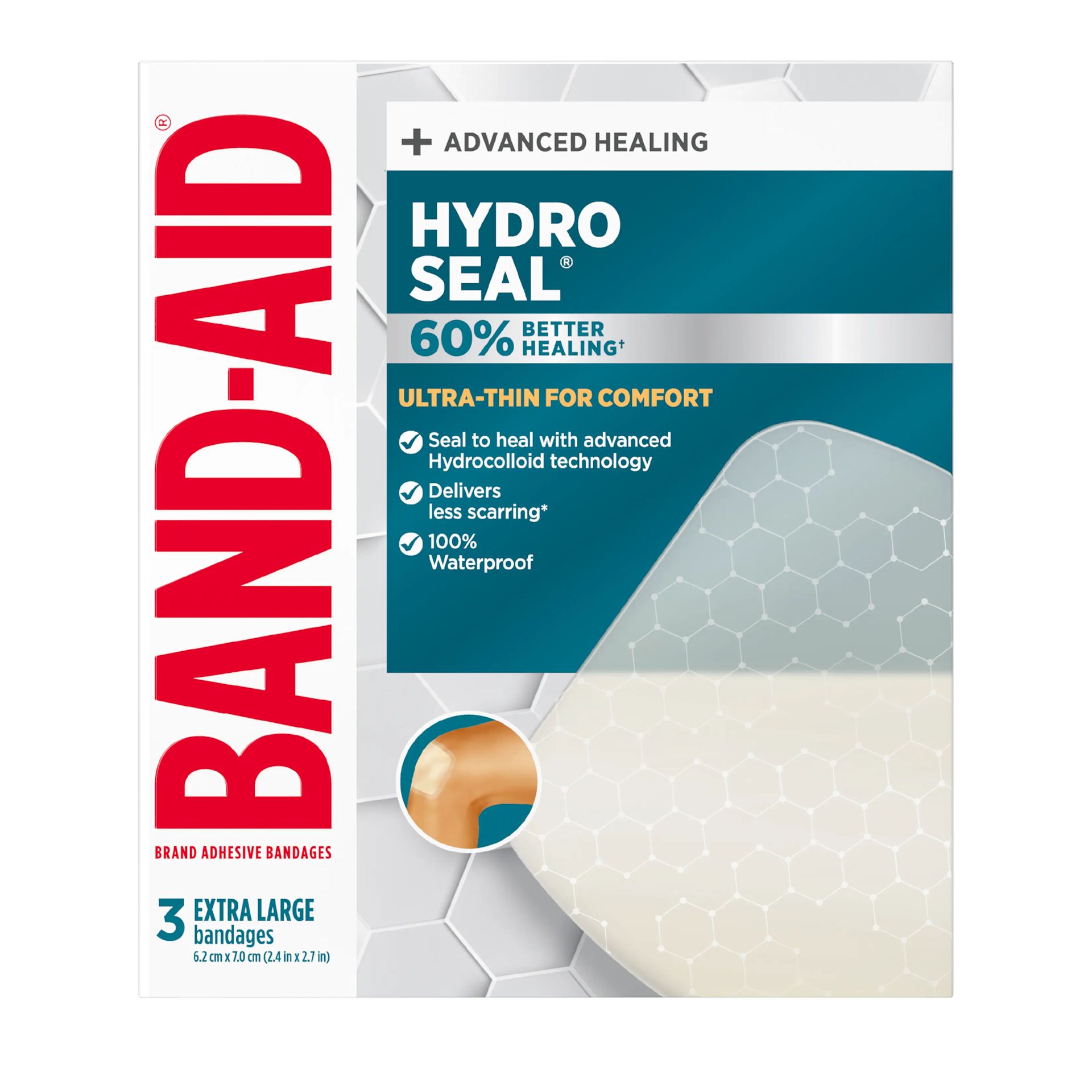 Photo avant des très grands pansements ultrafins Hydro Seal de BAND-AID®