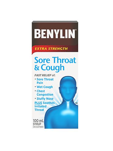 Benylin Extra Strength Sore Throat and Cough Syrup, 100mL. Get fast relief of sore throat pain, wet cough, chest congestion, and stuffy nose. Plus soothing of irritated throat.