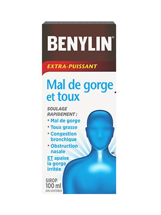 Sirop BENYLIN® Extra-puissant Mal de gorge et toux, 100 ml. Soulagez rapidement le mal de gorge, la toux grasse, la congestion bronchique et l’obstruction nasale, ET apaisez la gorge irritée.