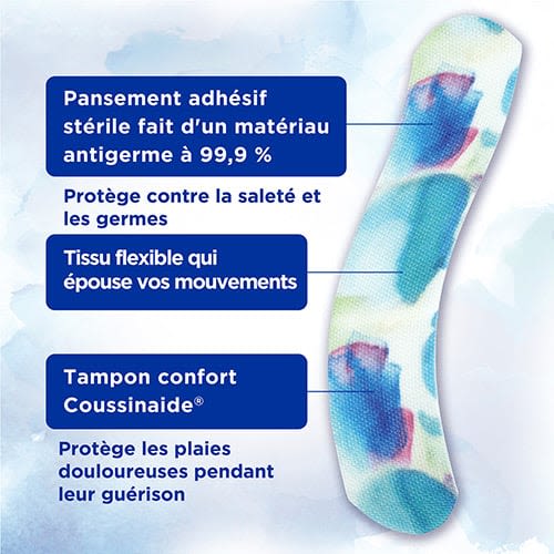 Pansement adhésif de marque BAND-AID® en tissu flexible à motif d'aquarelle et revendications disant « Protège contre la saleté et les germes » et « Protègent les plaies douloureuses pendant leur guérison »