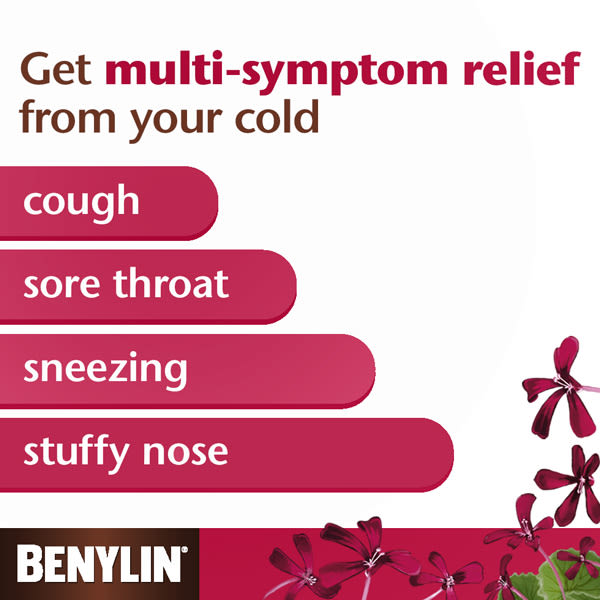 Le sirop à base de plantes BENYLIN® Symptômes multiples Pélargonium aide à soulager la toux, le mal de gorge, les éternuements et l’obstruction nasale dus au rhume
