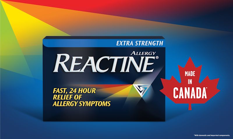 REACTINE® Extra Strength product with a "Made in Canada" icon