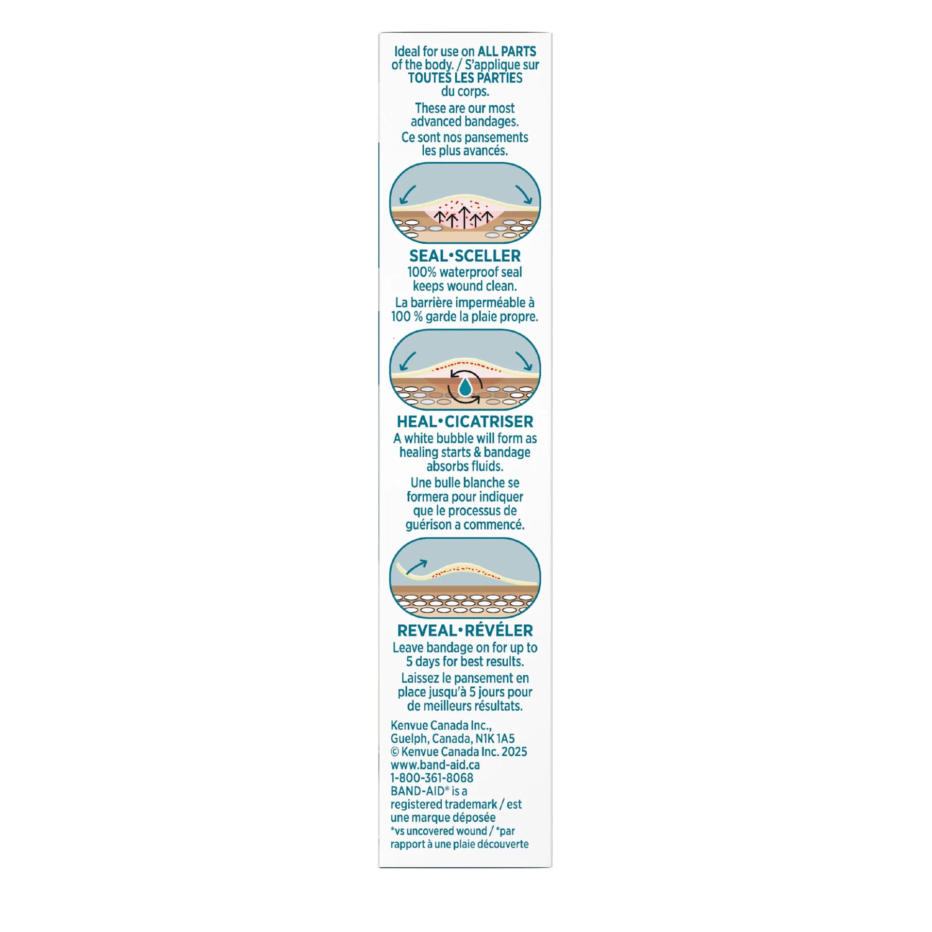 Photo latérale des grands pansements ultrafins Hydro Seal de BAND-AID® montrant les étapes sceller, guérir et réparer