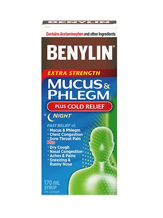 BENYLIN® MUCUS & PHLEGM PLUS COLD RELIEF NIGHT Syrup, 170mL. Relief of: dry cough, nasal congestion, mucus & phlegm, runny nose and sore throat pain so you can rest. 