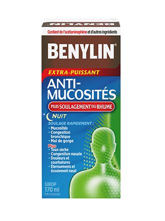 Sirop BENYLIN® ANTI-MUCOSITÉS PLUS SOULAGEMENT DU RHUME, NUIT, 170 ml. Soulage : Toux sèche, congestion nasale, écoulement nasal, et mal de gorge, pour se reposer. 