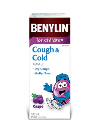 Benylin for Children Cough & Cold syrup, grape flavour, 100mL. For relief of: dry cough and stuffy nose.