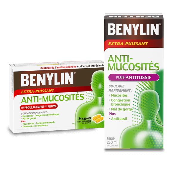 Sirop BENYLIN® ANTI-MUCOSITÉS PLUS ANTITUSSIF et sirop BENYLIN® Extra-puissant Anti-mucosités Plus soulagement du rhume
