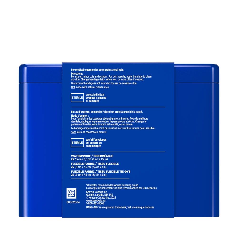 BAND-AID® Brand Assorted Bandages Tin 75ct, back of pack
