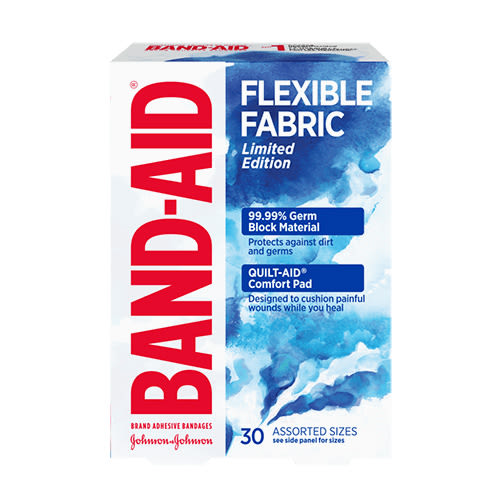 A packet of BAND-AID® Flexible Fabric Bandages with Watercolour Design, 30 assorted sizes, and 3 bandages showcased next to the packet
