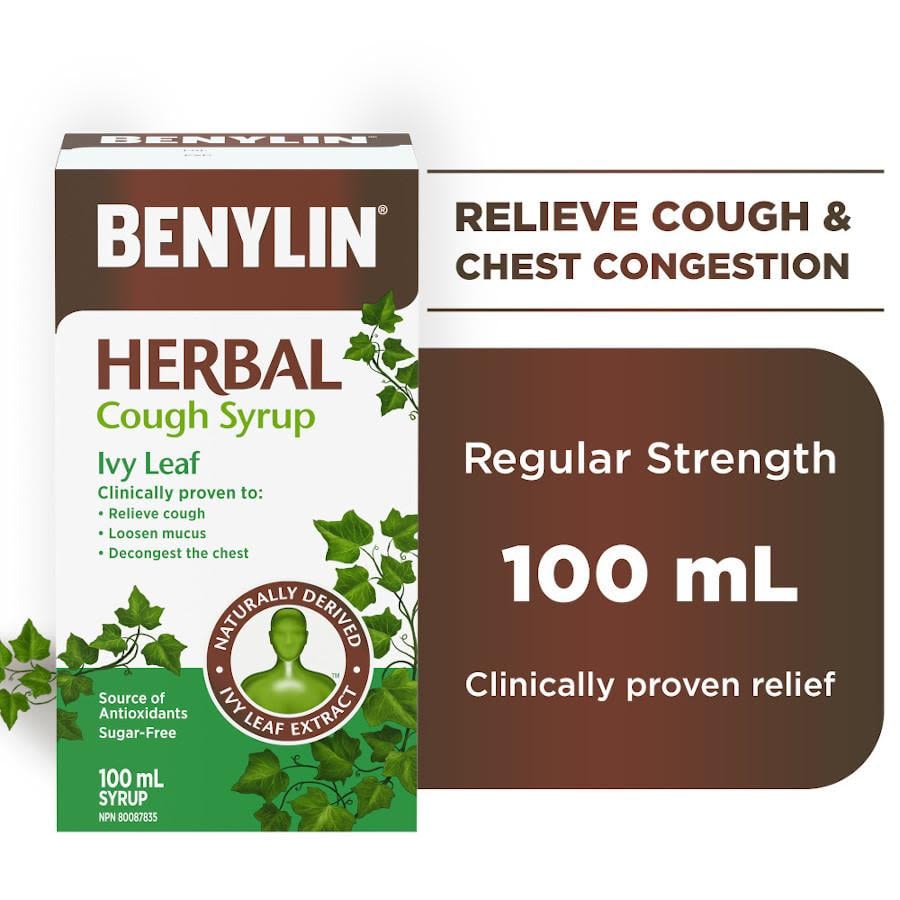 Flacon de 100 ml de sirop antitussif BENYLIN® à base de plantes, Feuille de lierre, accompagné du texte « Soulage la TOUX et la congestion bronchique »