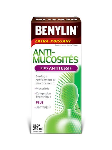 Sirop BENYLIN® ANTI-MUCOSITÉS PLUS ANTITUSSIF, 250 ml. Soulage : Mucosités, toux sèche et mal de gorge.