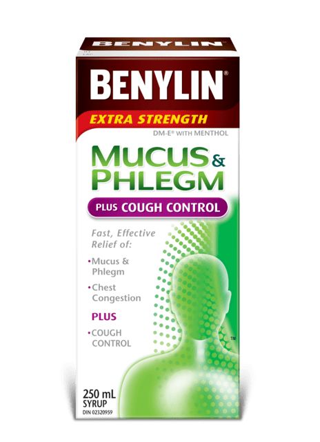 BENYLIN® MUCUS & PHLEGM PLUS COUGH CONTROL Syrup, 250mL. Relief of: mucus & phlegm, dry cough and soothes sore throat.
