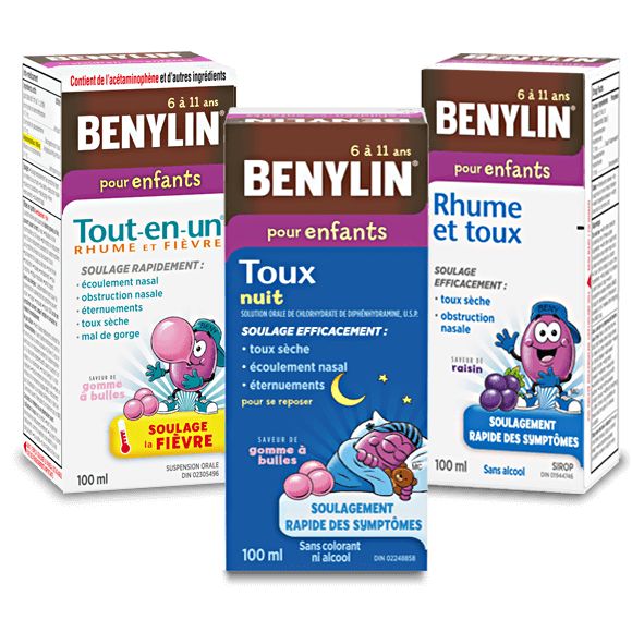 Trois produits BENYLIN® Pour enfants Tout‑en‑un®, pour le rhume, la toux et la fièvre