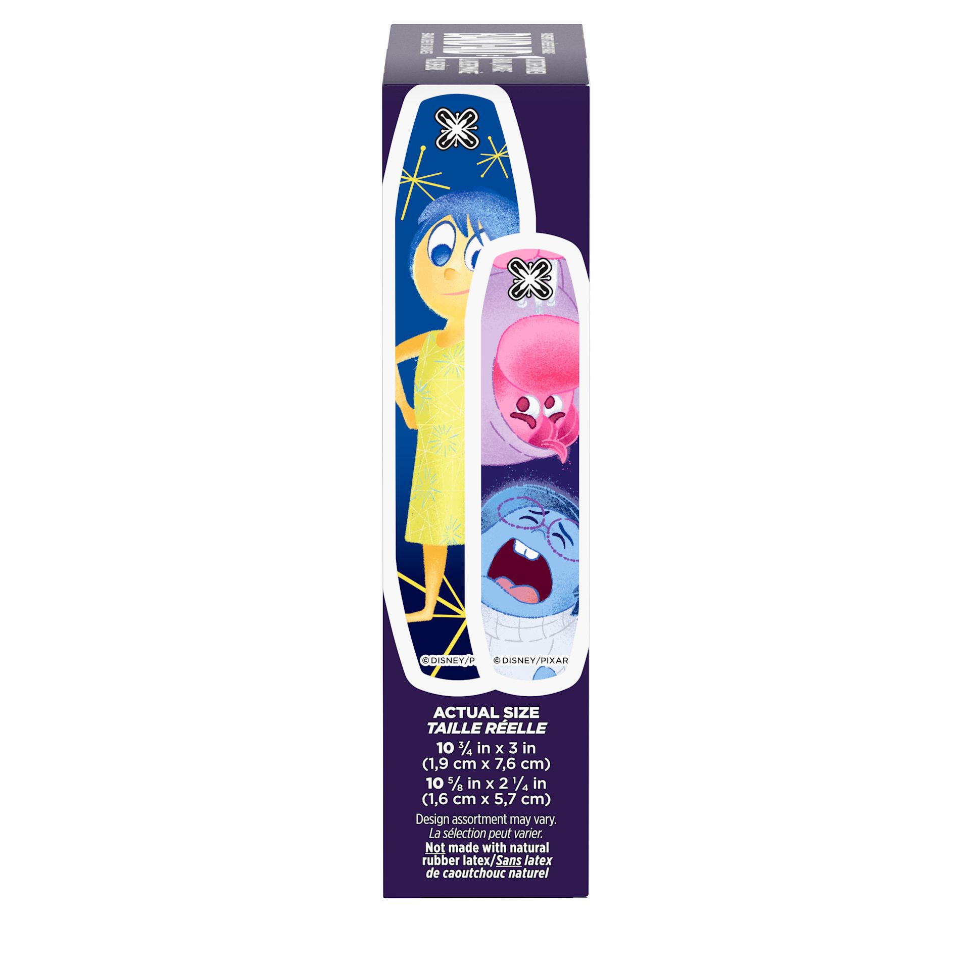 BAND-AID® Inside Out 2 Bandages side of package, bandage sizes